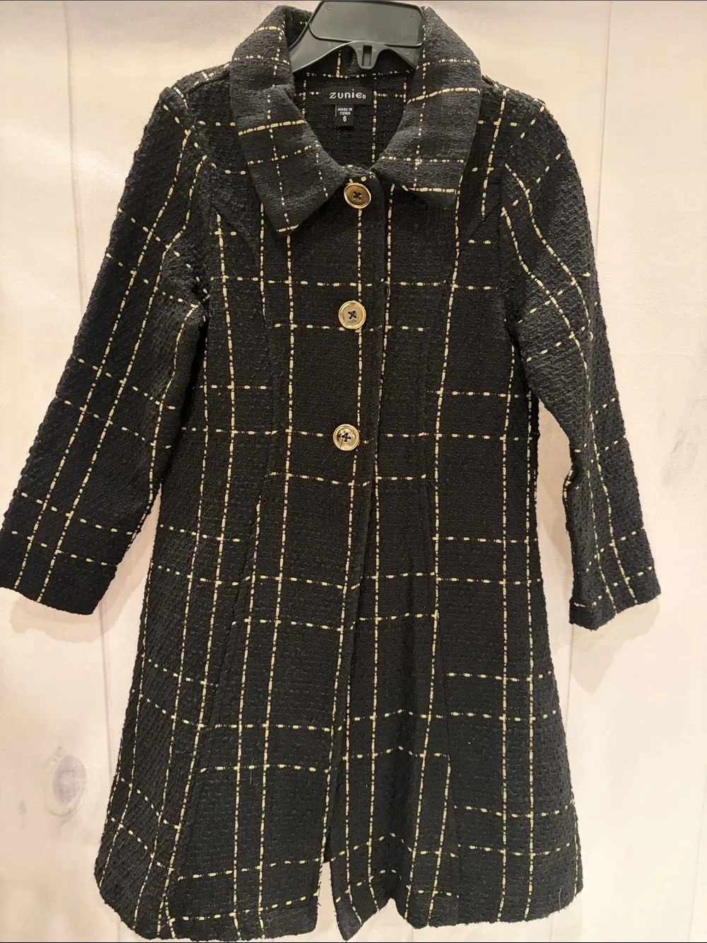 Zunie Girls Classic Black Metallic Gold Tweed Windowpane Plaid Coat Size 6 NWOT
